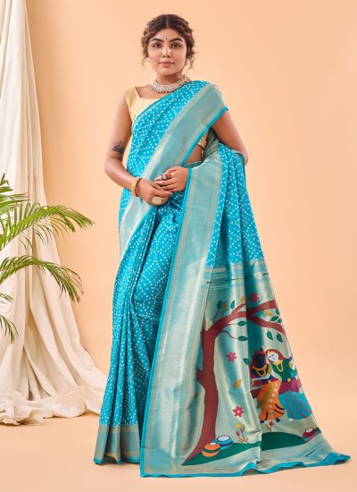 Exotic Silk Aqua Blue Woven Designer Saree