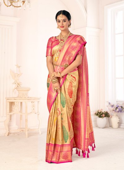 Extraordinary Gold and Pink Pure Silk Designer Traditional Saree