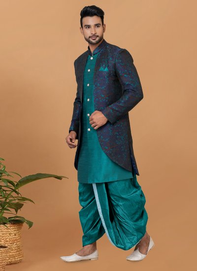 Fancy Dupion Silk Indo Western Sherwani in Blue and Green