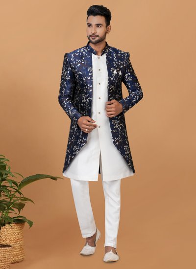 Fancy Dupion Silk Indo Western Sherwani in Blue and White