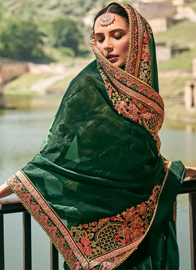 Fancy Fabric Beige and Green Embroidered Contemporary Saree