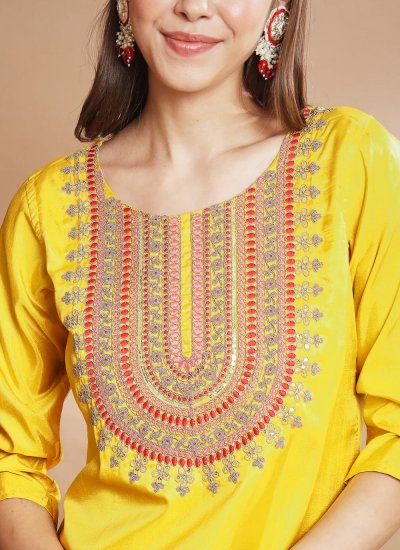 Fantastic Embroidered Silk Blend Yellow Salwar Kameez