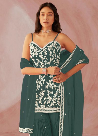 Faux Georgette Embroidered Designer Salwar Kameez in Green