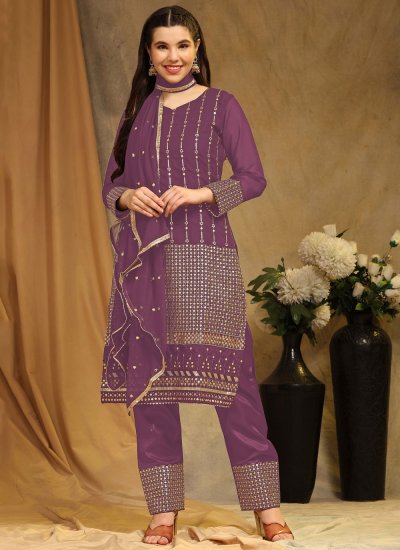 Faux Georgette Embroidered Pakistani Salwar Suit in Purple