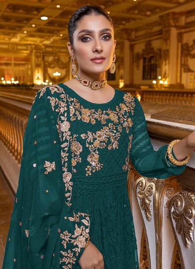 Faux Georgette Embroidered Trendy Salwar Kameez in Green