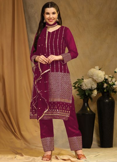 Faux Georgette Embroidered Trendy Salwar Kameez in Rani
