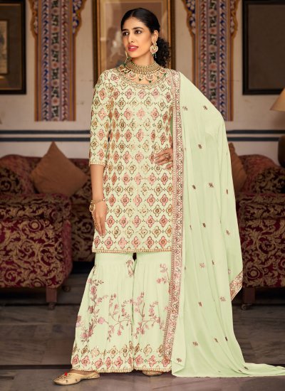 Faux Georgette Sequins Palazzo Salwar Suit in Green