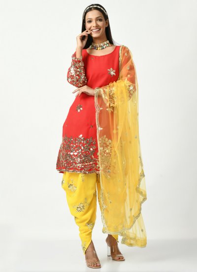 Faux Georgette Sequins Trendy Salwar Kameez in Red