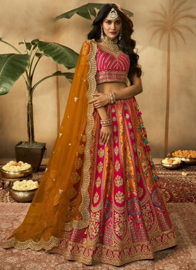 Photo of Dusky Bride in Bright Pink Lehenga and Contrasting Set