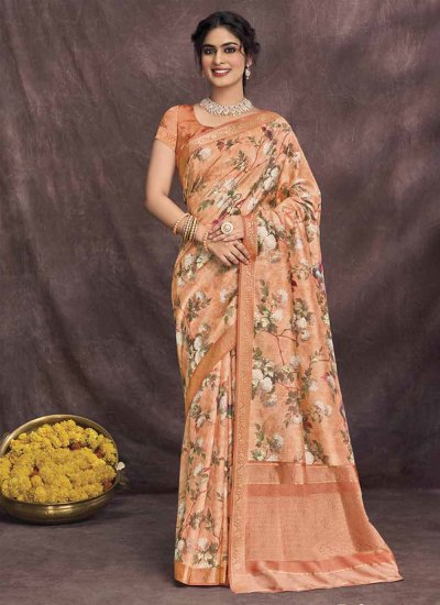 Floral Print Silk Designer Saree in Orange