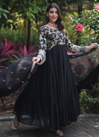 Georgette Black Embroidered Readymade Gown