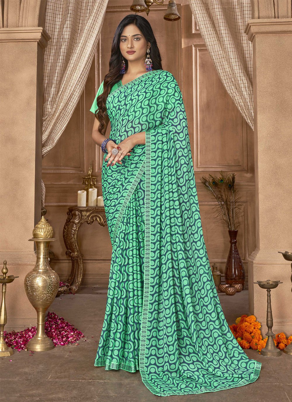 Sequinned Georgette Saree in Light Green : SPF1451