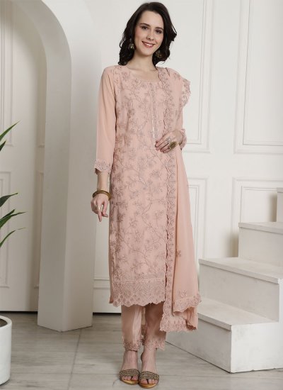 Georgette Embroidered Pant Style Suit in Peach