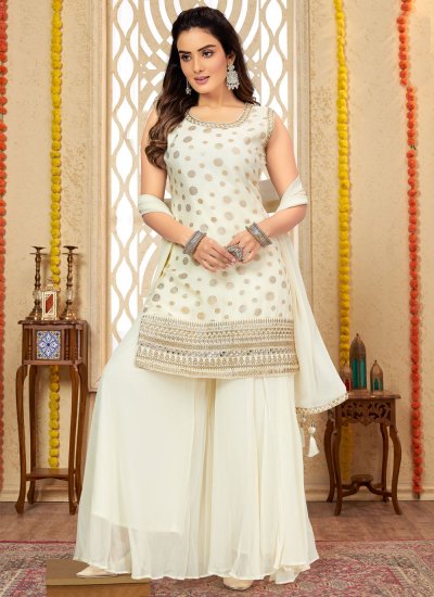 Georgette Off White Palazzo Salwar Suit