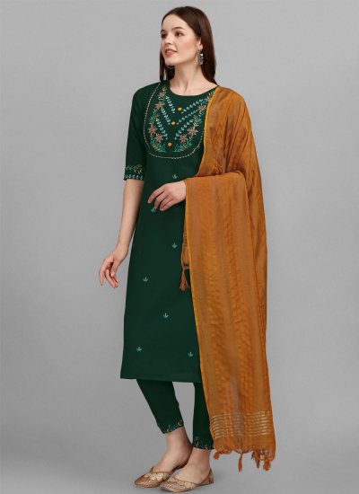 Gilded Embroidered Cotton Green Salwar Kameez