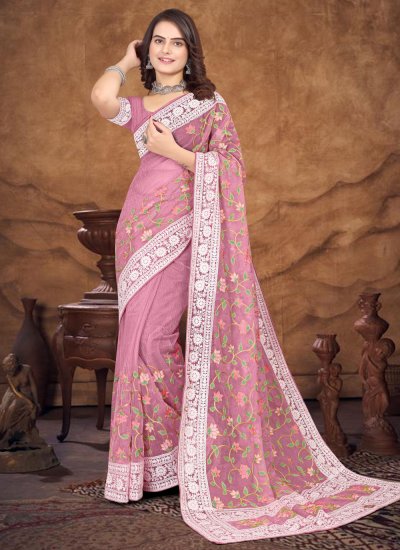 Gilded Pink Resham Organza Trendy Saree
