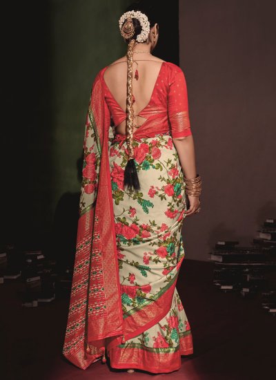 Girlish Printed Tussar Silk Off White and Pink Classic Saree