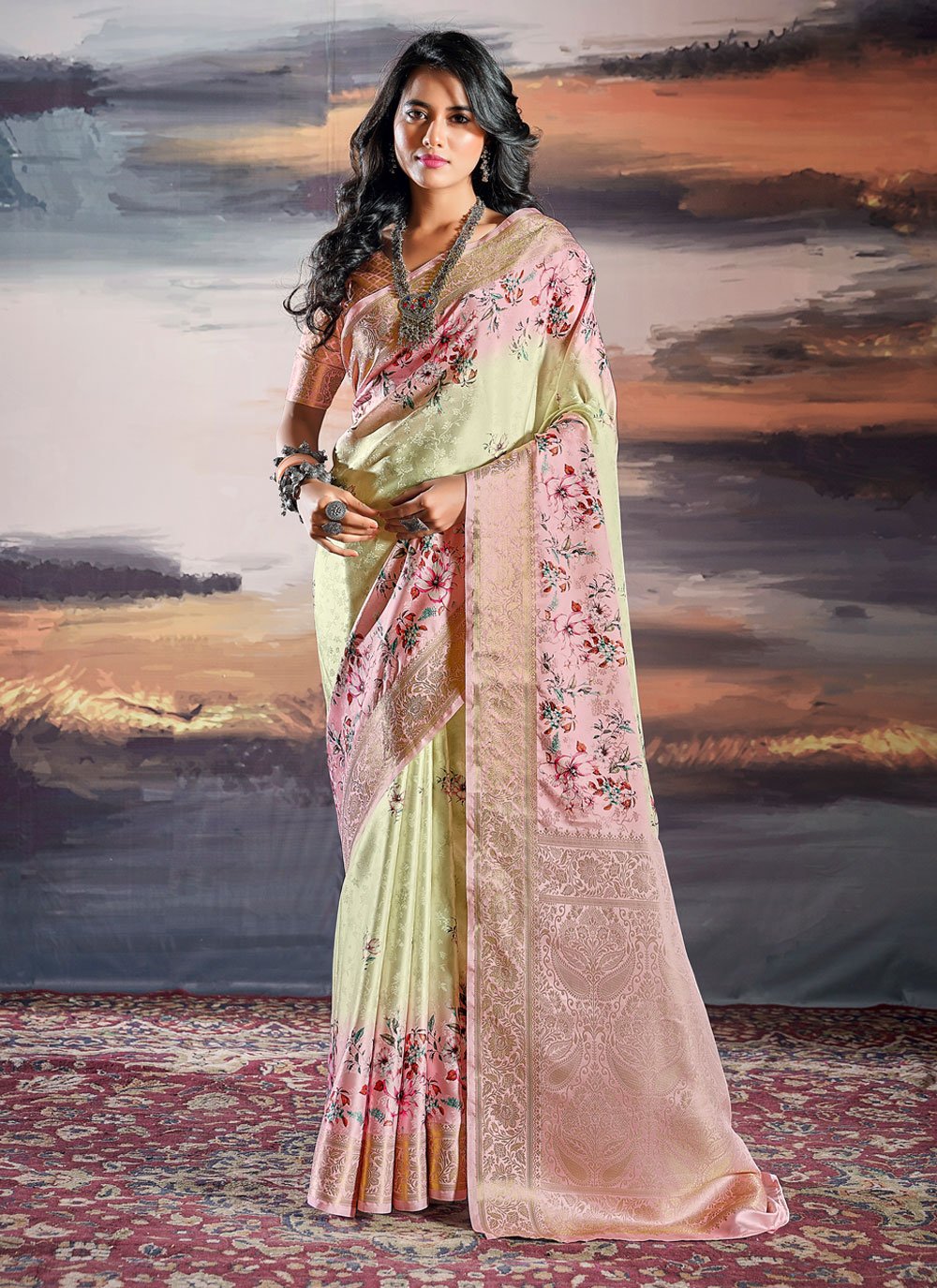 Satin Organza Fabric Cream Color Glamorous Digital Printed Saree