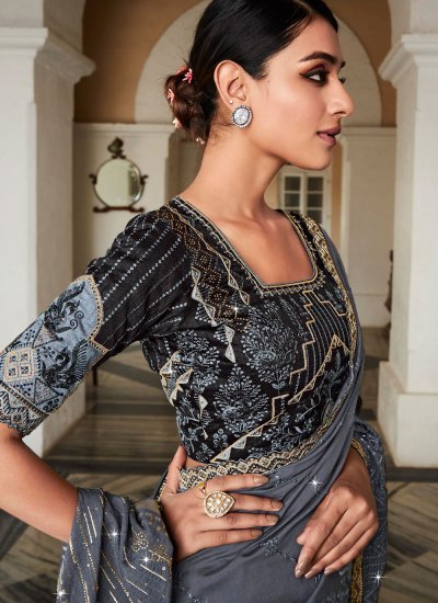 Glossy Silk Grey Embroidered Contemporary Saree