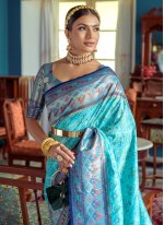Glossy Woven Firozi Banarasi Silk Designer Saree
