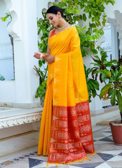 Glowing Silk Yellow Woven Contemporary Style Saree