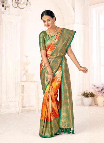 Green and Orange Pure Silk Designer Traditional Saree