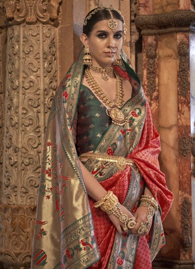 Green and Red Weaving Banarasi Silk Trendy Saree