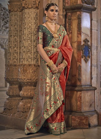 Green and Red Weaving Banarasi Silk Trendy Saree