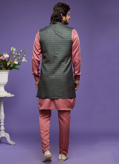Green and Rose Pink Art Banarasi Silk Kurta Payjama With Jacket