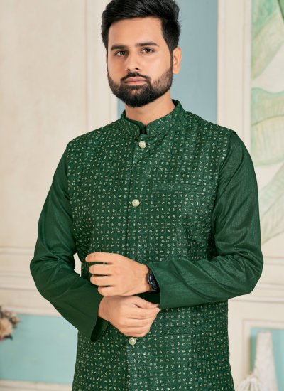 Green Banglori Silk Kurta Payjama With Jacket