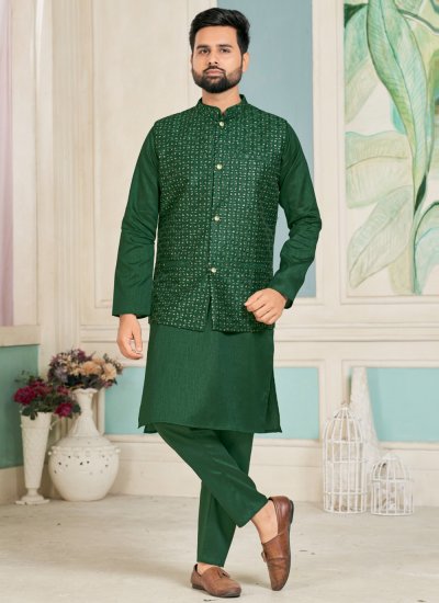 Green Banglori Silk Kurta Payjama With Jacket