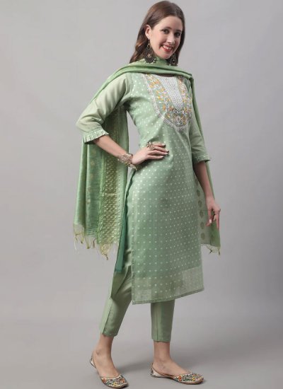 Green Chanderi Ceremonial Trendy Suit
