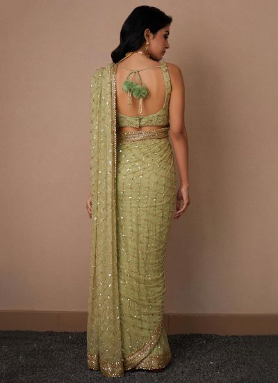 Green Hand Embroidered Net Saree