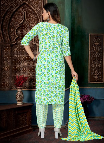 Green Cotton Printed Pant Style Suit