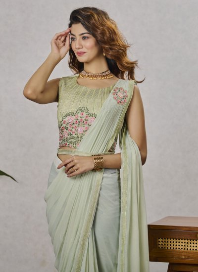 Green Embroidered Shimmer Georgette Saree