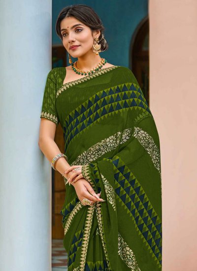 Green Foil Print Ceremonial Trendy Saree