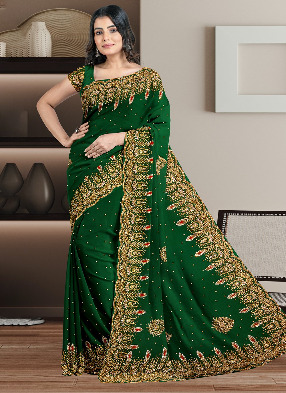 Vishal Prints Dark Green Patterned Chiffon Designer Saree With Patch W