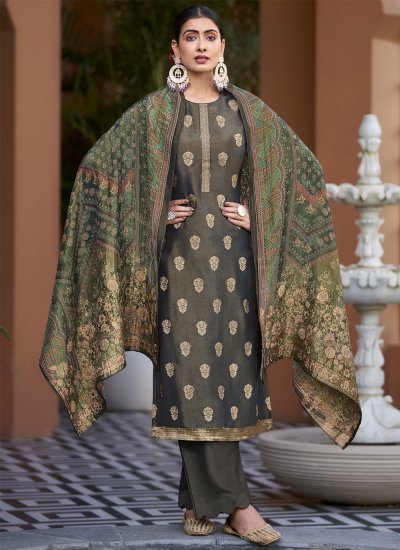Green Jacquard Work Pure Silk Salwar Suit