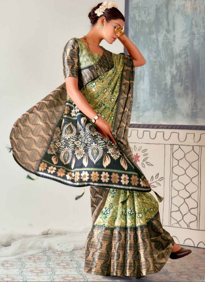 Green Tussar Silk Printed Contemporary Saree