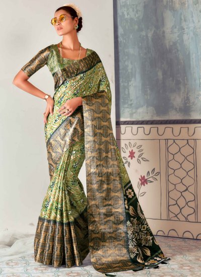 Green Tussar Silk Printed Contemporary Saree