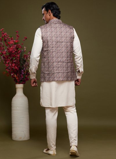 Grey and Off White Art Banarasi Silk Kurta Payjama With Jacket
