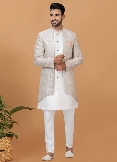 Grey and White Jacquard Silk Indo Western Sherwani