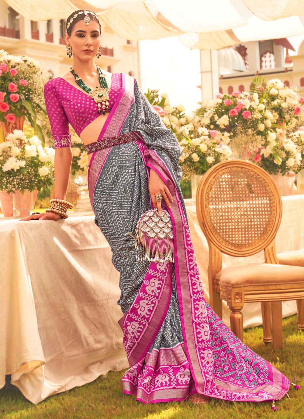 Pink Engagement Silk Saree With Embroidery