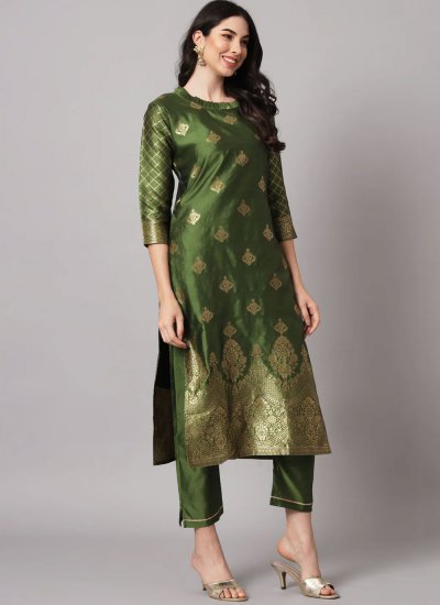 Gripping Green Jacquard Work Cotton Silk Pant Style Suit