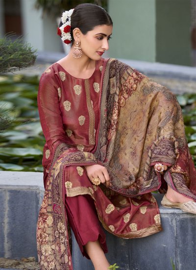 Gripping Pure Silk Maroon Jacquard Work Designer Salwar Kameez