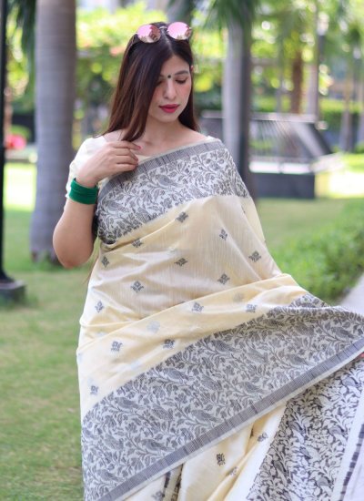 Handloom silk Woven Off White Contemporary Style Saree