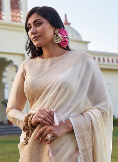 Heavenly Georgette Off White and Pink Woven Classic Saree