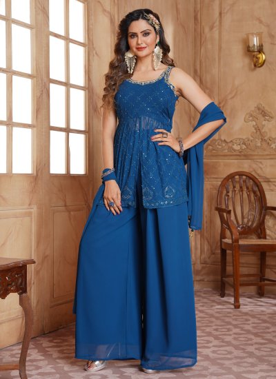 Hypnotic Embroidered Blue Georgette Palazzo Suit