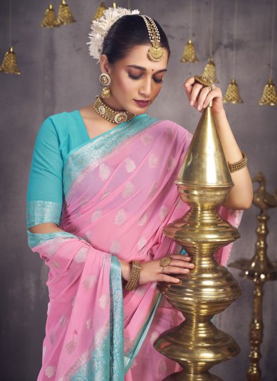 Hypnotic Woven Rose Pink Georgette Classic Saree