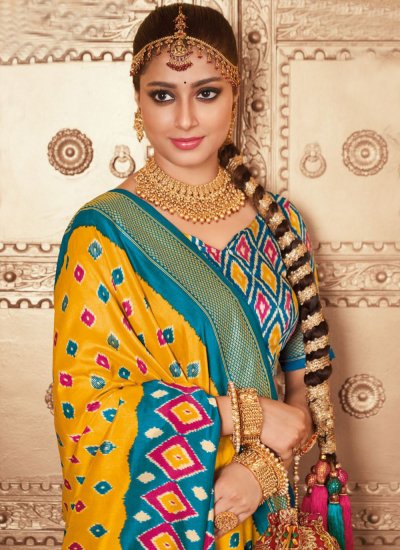 Immaculate Blue and Yellow Patola Print Classic Saree